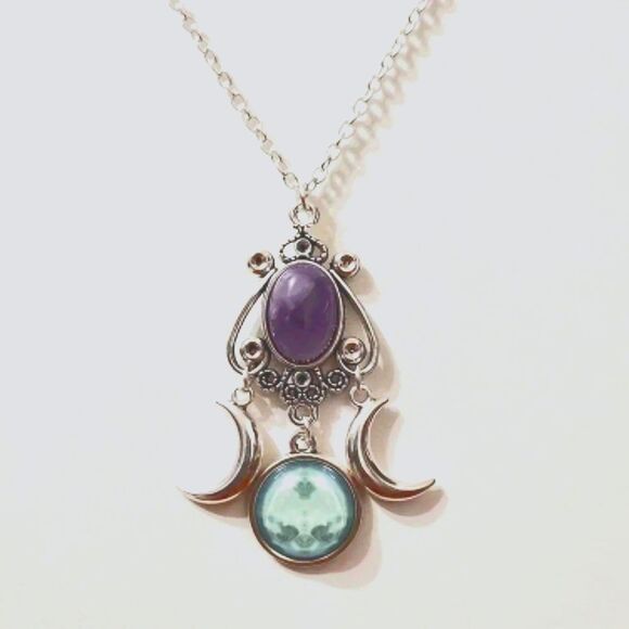 NEW Triple Moon Goddess Witchy Necklace Purple and Moon Stones - Picture 1 of 7